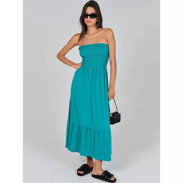 imageANRABESS Womens Summer Strapless Smocked ALine Fit Flare 2024 Fashion Boho Beach Party Long Maxi Dress with PocketsLake Green