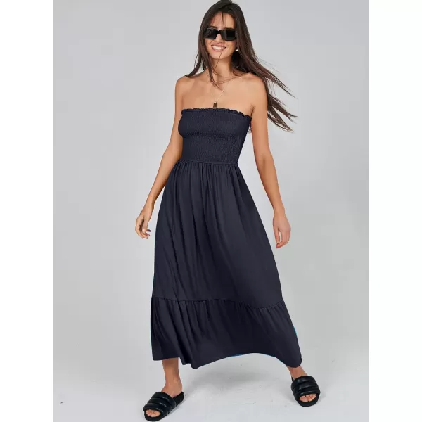 imageANRABESS Womens Summer Strapless Smocked ALine Fit Flare 2024 Fashion Boho Beach Party Long Maxi Dress with PocketsNavy Blue