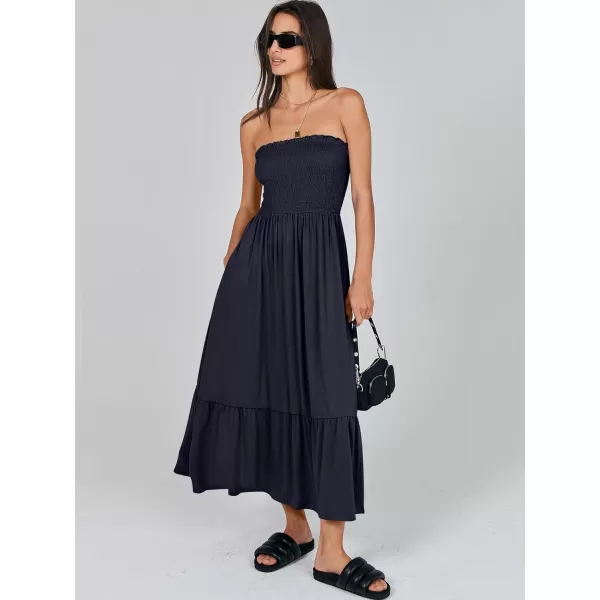 imageANRABESS Womens Summer Strapless Smocked ALine Fit Flare 2024 Fashion Boho Beach Party Long Maxi Dress with PocketsNavy Blue