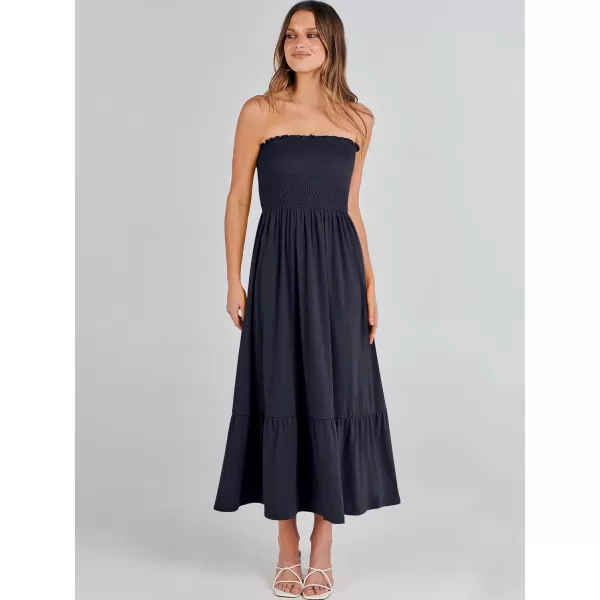 imageANRABESS Womens Summer Strapless Smocked ALine Fit Flare 2024 Fashion Boho Beach Party Long Maxi Dress with PocketsNavy Blue
