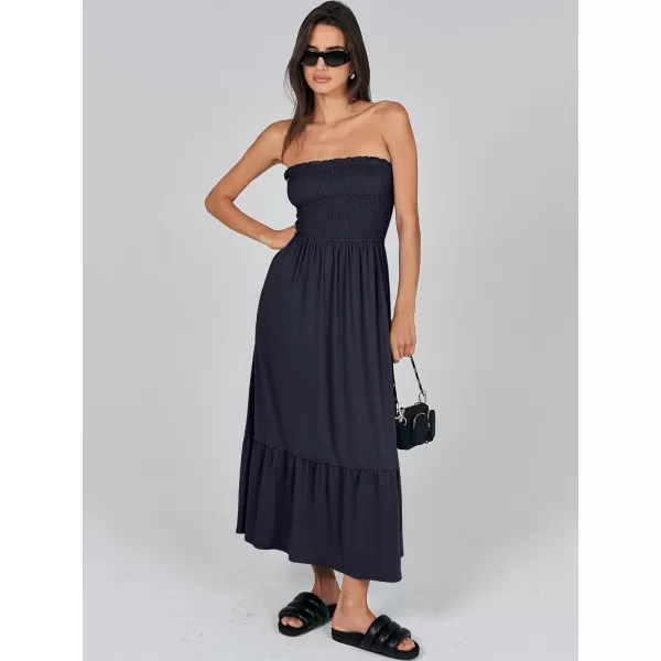 imageANRABESS Womens Summer Strapless Smocked ALine Fit Flare 2024 Fashion Boho Beach Party Long Maxi Dress with PocketsNavy Blue