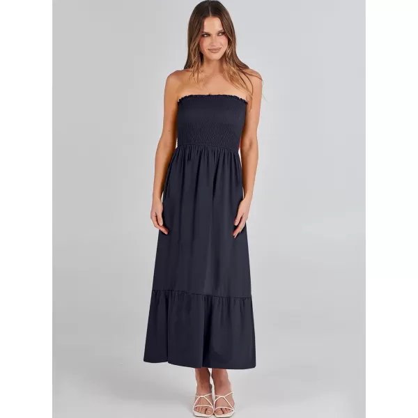 imageANRABESS Womens Summer Strapless Smocked ALine Fit Flare 2024 Fashion Boho Beach Party Long Maxi Dress with PocketsNavy Blue