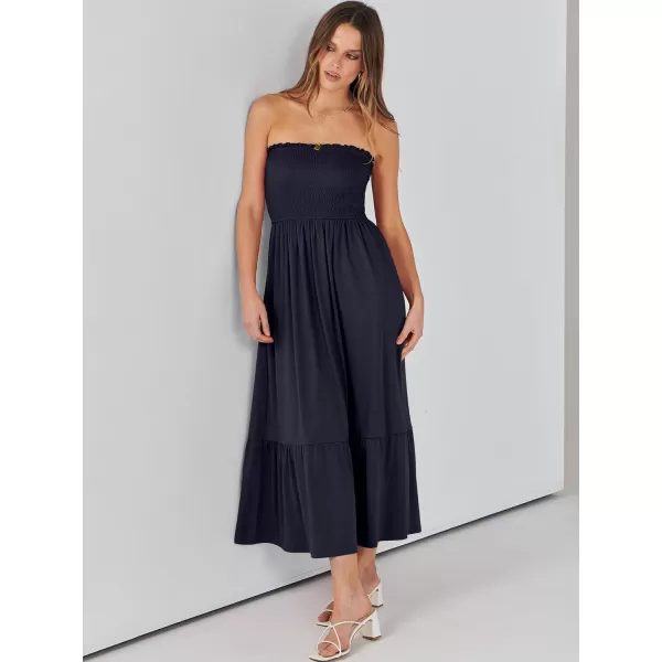 imageANRABESS Womens Summer Strapless Smocked ALine Fit Flare 2024 Fashion Boho Beach Party Long Maxi Dress with PocketsNavy Blue