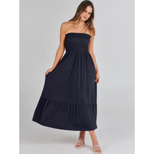 imageANRABESS Womens Summer Strapless Smocked ALine Fit Flare 2024 Fashion Boho Beach Party Long Maxi Dress with PocketsNavy Blue