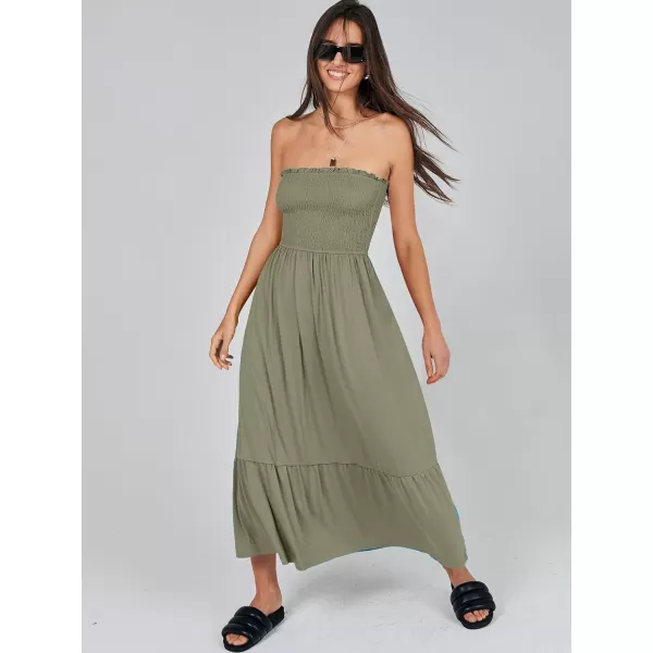 imageANRABESS Womens Summer Strapless Smocked ALine Fit Flare 2024 Fashion Boho Beach Party Long Maxi Dress with PocketsOlive