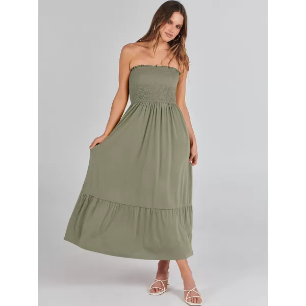 imageANRABESS Womens Summer Strapless Smocked ALine Fit Flare 2024 Fashion Boho Beach Party Long Maxi Dress with PocketsOlive