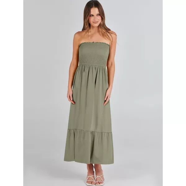 imageANRABESS Womens Summer Strapless Smocked ALine Fit Flare 2024 Fashion Boho Beach Party Long Maxi Dress with PocketsOlive