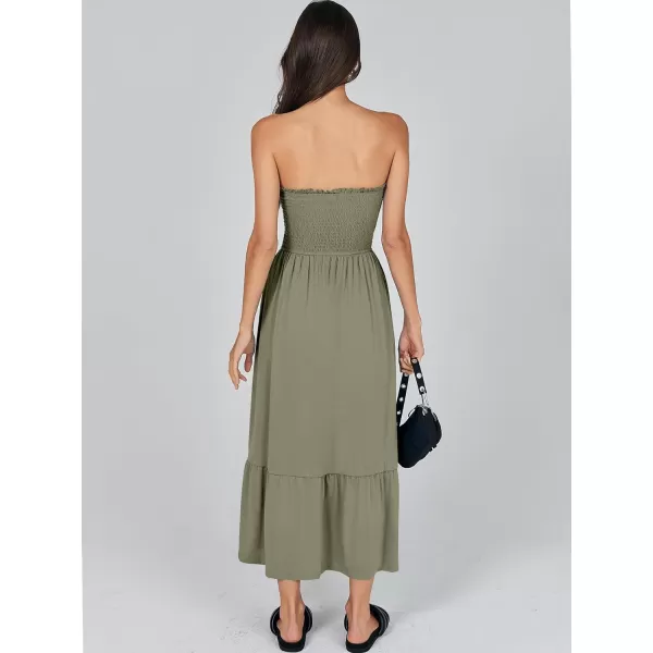 imageANRABESS Womens Summer Strapless Smocked ALine Fit Flare 2024 Fashion Boho Beach Party Long Maxi Dress with PocketsOlive