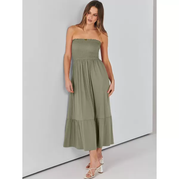 imageANRABESS Womens Summer Strapless Smocked ALine Fit Flare 2024 Fashion Boho Beach Party Long Maxi Dress with PocketsOlive