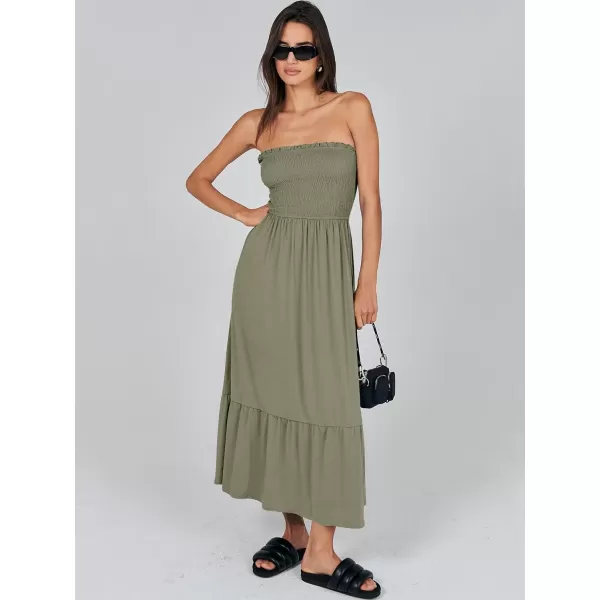 imageANRABESS Womens Summer Strapless Smocked ALine Fit Flare 2024 Fashion Boho Beach Party Long Maxi Dress with PocketsOlive