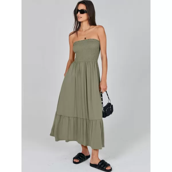 imageANRABESS Womens Summer Strapless Smocked ALine Fit Flare 2024 Fashion Boho Beach Party Long Maxi Dress with PocketsOlive