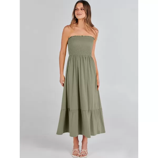 imageANRABESS Womens Summer Strapless Smocked ALine Fit Flare 2024 Fashion Boho Beach Party Long Maxi Dress with PocketsOlive
