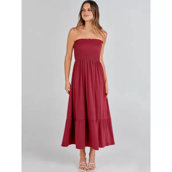imageANRABESS Womens Summer Strapless Smocked ALine Fit Flare 2024 Fashion Boho Beach Party Long Maxi Dress with PocketsRed