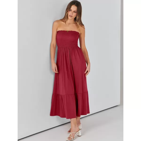 imageANRABESS Womens Summer Strapless Smocked ALine Fit Flare 2024 Fashion Boho Beach Party Long Maxi Dress with PocketsRed