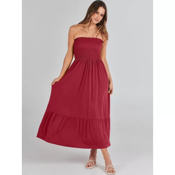 imageANRABESS Womens Summer Strapless Smocked ALine Fit Flare 2024 Fashion Boho Beach Party Long Maxi Dress with PocketsRed