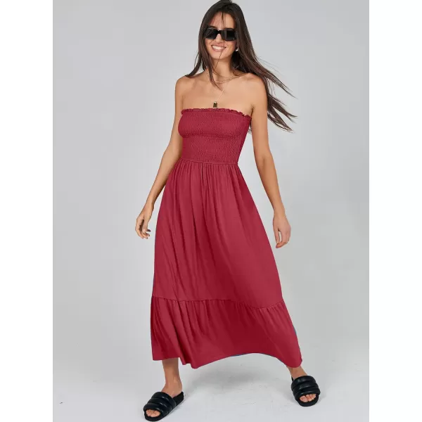 imageANRABESS Womens Summer Strapless Smocked ALine Fit Flare 2024 Fashion Boho Beach Party Long Maxi Dress with PocketsRed