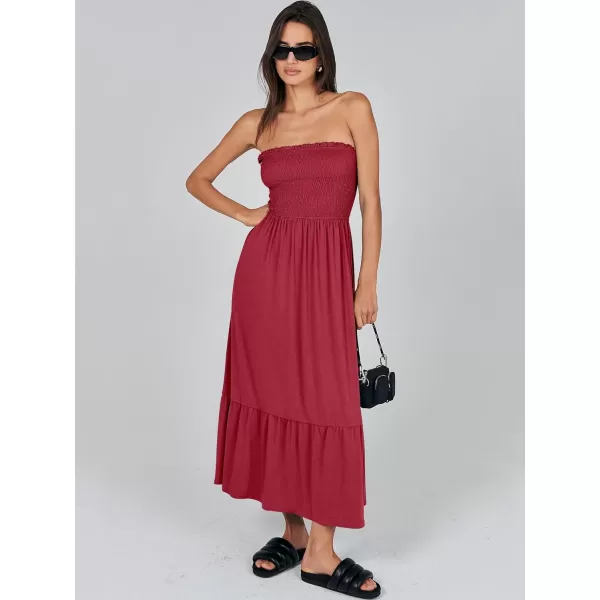imageANRABESS Womens Summer Strapless Smocked ALine Fit Flare 2024 Fashion Boho Beach Party Long Maxi Dress with PocketsRed