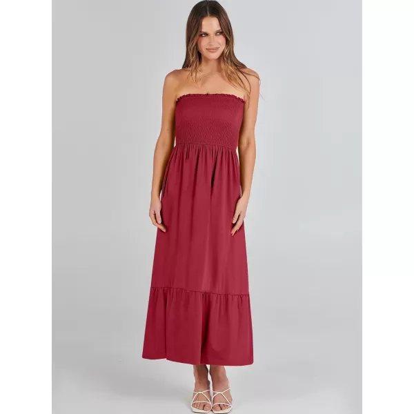 imageANRABESS Womens Summer Strapless Smocked ALine Fit Flare 2024 Fashion Boho Beach Party Long Maxi Dress with PocketsRed