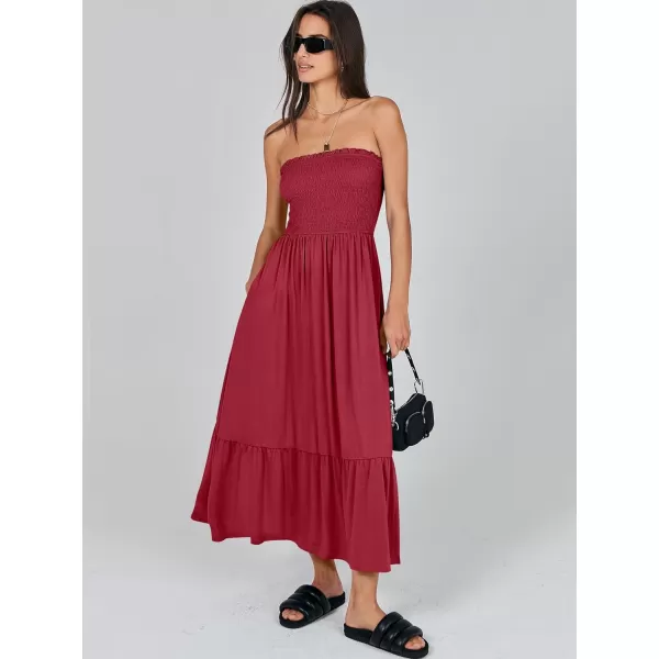 imageANRABESS Womens Summer Strapless Smocked ALine Fit Flare 2024 Fashion Boho Beach Party Long Maxi Dress with PocketsRed