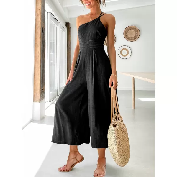 imageANRABESS Womens Summer Straps One Shoulder High Waist Casual Wide Leg Linen Jumpsuit Romper with PocketsBlack