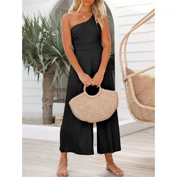 imageANRABESS Womens Summer Straps One Shoulder High Waist Casual Wide Leg Linen Jumpsuit Romper with PocketsBlack