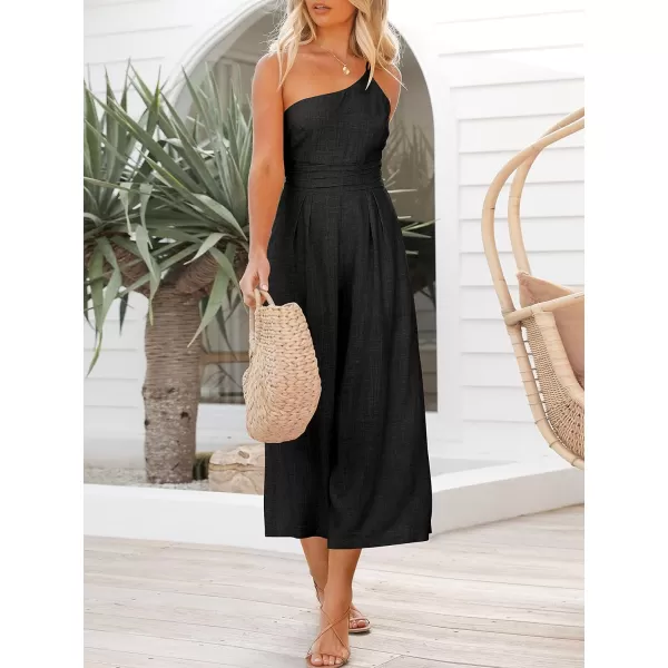 imageANRABESS Womens Summer Straps One Shoulder High Waist Casual Wide Leg Linen Jumpsuit Romper with PocketsBlack