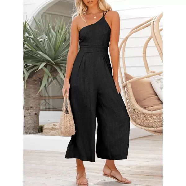 imageANRABESS Womens Summer Straps One Shoulder High Waist Casual Wide Leg Linen Jumpsuit Romper with PocketsBlack