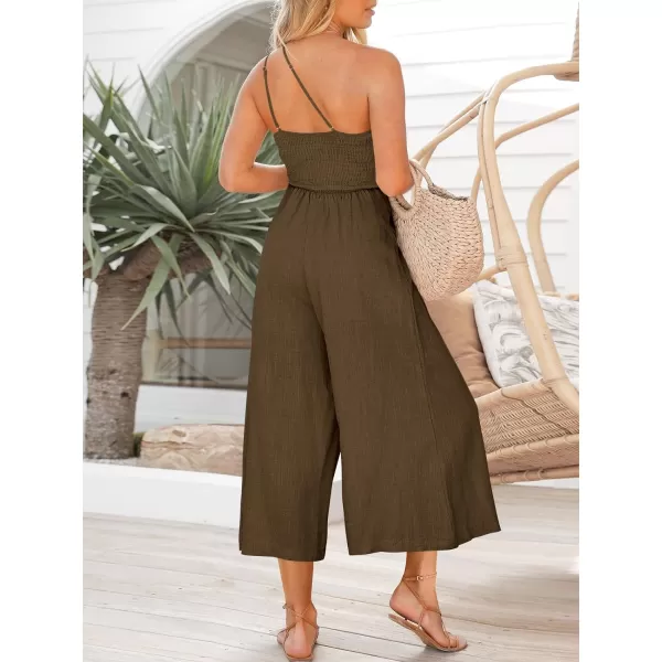 imageANRABESS Womens Summer Straps One Shoulder High Waist Casual Wide Leg Linen Jumpsuit Romper with PocketsBrown