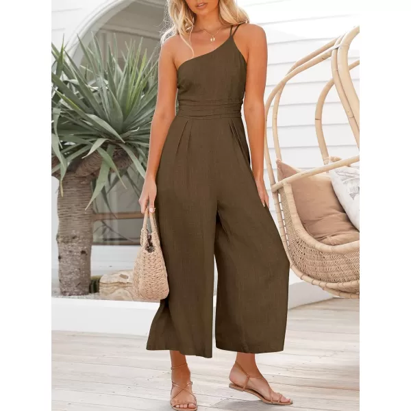 imageANRABESS Womens Summer Straps One Shoulder High Waist Casual Wide Leg Linen Jumpsuit Romper with PocketsBrown