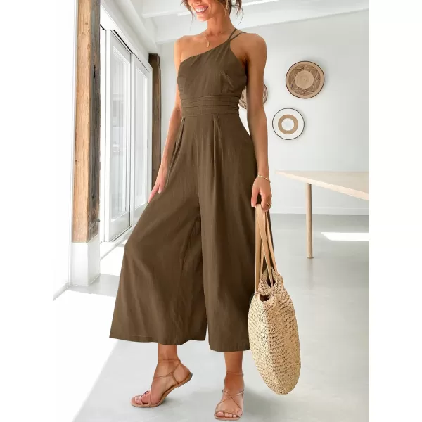 imageANRABESS Womens Summer Straps One Shoulder High Waist Casual Wide Leg Linen Jumpsuit Romper with PocketsBrown