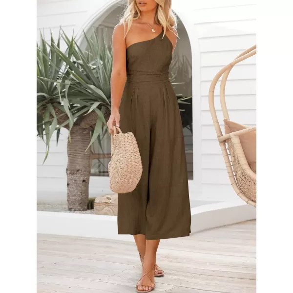 imageANRABESS Womens Summer Straps One Shoulder High Waist Casual Wide Leg Linen Jumpsuit Romper with PocketsBrown