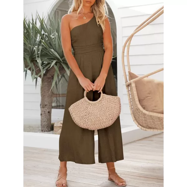 imageANRABESS Womens Summer Straps One Shoulder High Waist Casual Wide Leg Linen Jumpsuit Romper with PocketsBrown