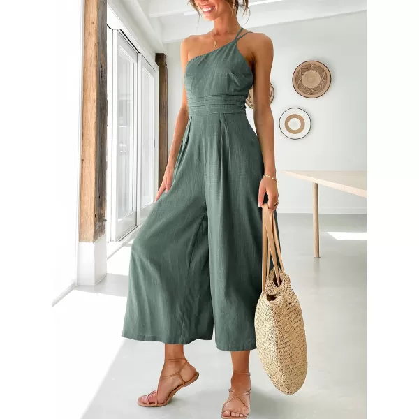 imageANRABESS Womens Summer Straps One Shoulder High Waist Casual Wide Leg Linen Jumpsuit Romper with PocketsGray Blue