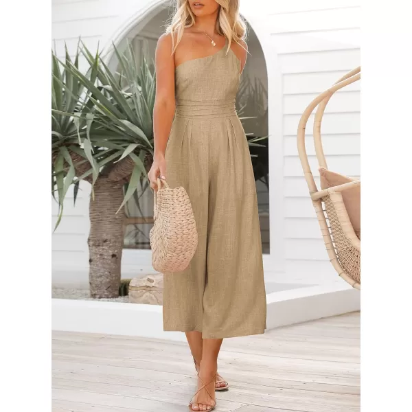 imageANRABESS Womens Summer Straps One Shoulder High Waist Casual Wide Leg Linen Jumpsuit Romper with PocketsKahki