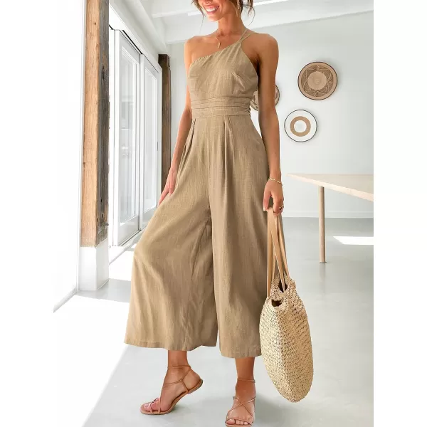 imageANRABESS Womens Summer Straps One Shoulder High Waist Casual Wide Leg Linen Jumpsuit Romper with PocketsKahki
