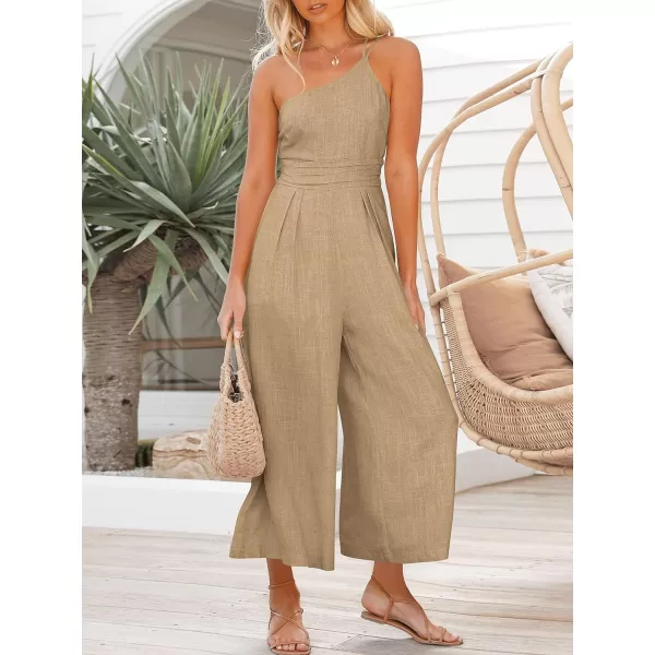 imageANRABESS Womens Summer Straps One Shoulder High Waist Casual Wide Leg Linen Jumpsuit Romper with PocketsKahki