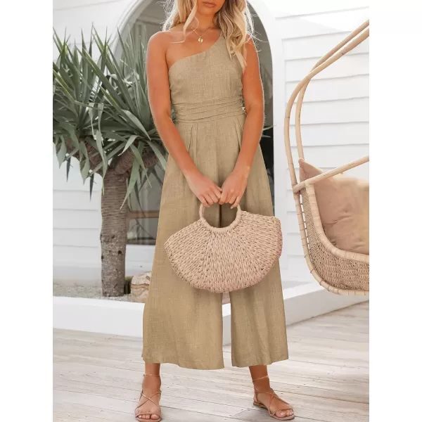 imageANRABESS Womens Summer Straps One Shoulder High Waist Casual Wide Leg Linen Jumpsuit Romper with PocketsKahki