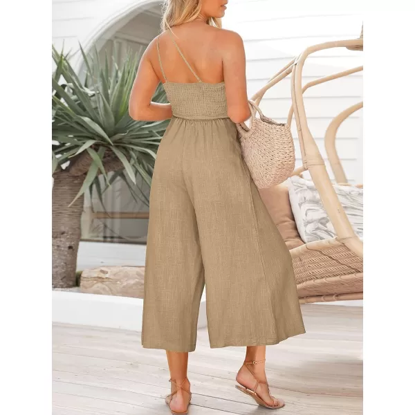 imageANRABESS Womens Summer Straps One Shoulder High Waist Casual Wide Leg Linen Jumpsuit Romper with PocketsKahki
