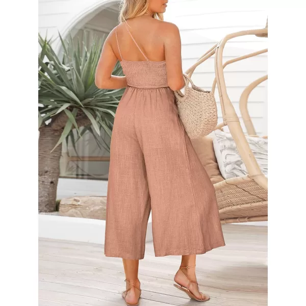 imageANRABESS Womens Summer Straps One Shoulder High Waist Casual Wide Leg Linen Jumpsuit Romper with PocketsPink