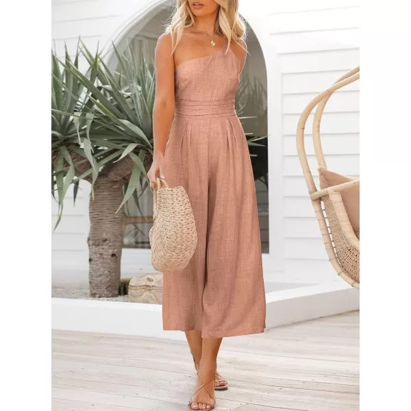 imageANRABESS Womens Summer Straps One Shoulder High Waist Casual Wide Leg Linen Jumpsuit Romper with PocketsPink