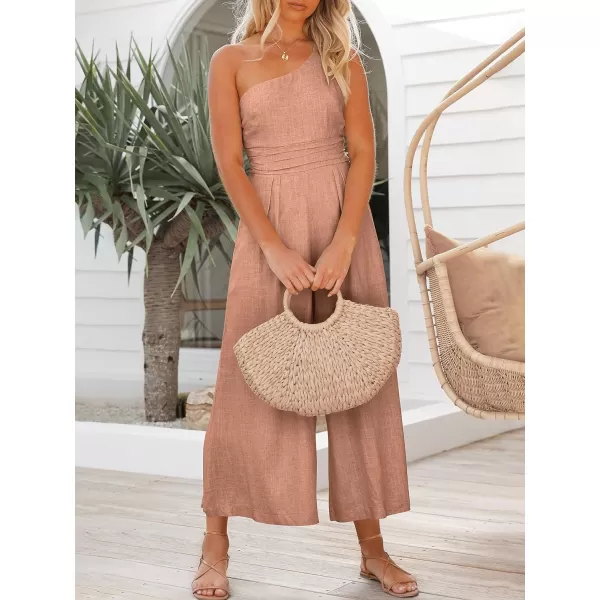 imageANRABESS Womens Summer Straps One Shoulder High Waist Casual Wide Leg Linen Jumpsuit Romper with PocketsPink