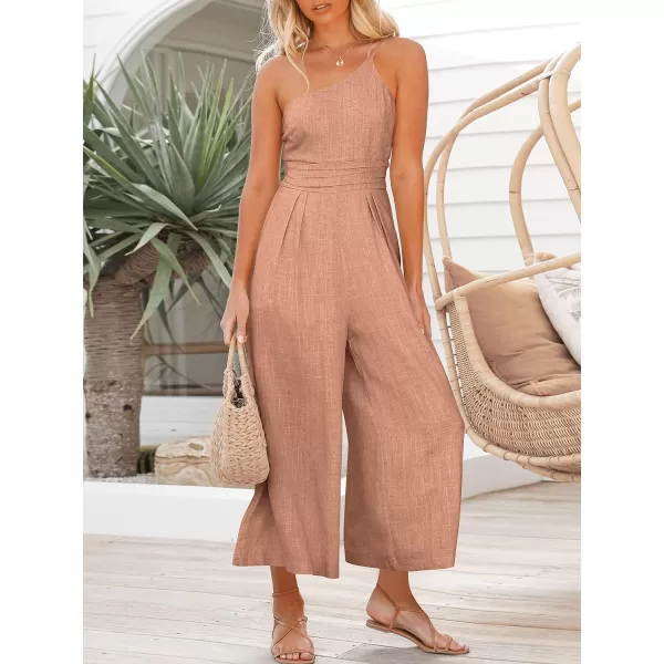 imageANRABESS Womens Summer Straps One Shoulder High Waist Casual Wide Leg Linen Jumpsuit Romper with PocketsPink