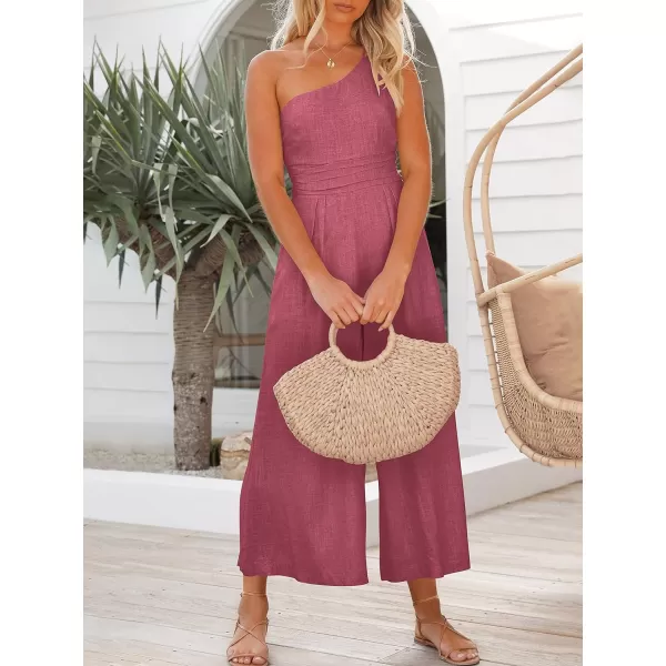 imageANRABESS Womens Summer Straps One Shoulder High Waist Casual Wide Leg Linen Jumpsuit Romper with PocketsRose