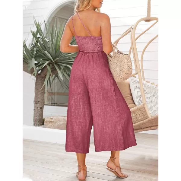 imageANRABESS Womens Summer Straps One Shoulder High Waist Casual Wide Leg Linen Jumpsuit Romper with PocketsRose