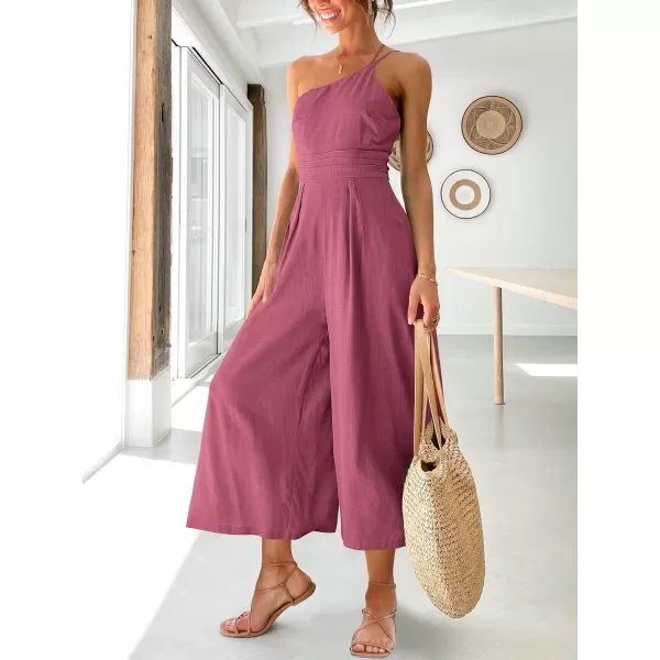 imageANRABESS Womens Summer Straps One Shoulder High Waist Casual Wide Leg Linen Jumpsuit Romper with PocketsRose