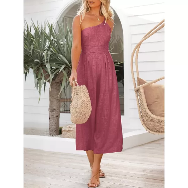 imageANRABESS Womens Summer Straps One Shoulder High Waist Casual Wide Leg Linen Jumpsuit Romper with PocketsRose