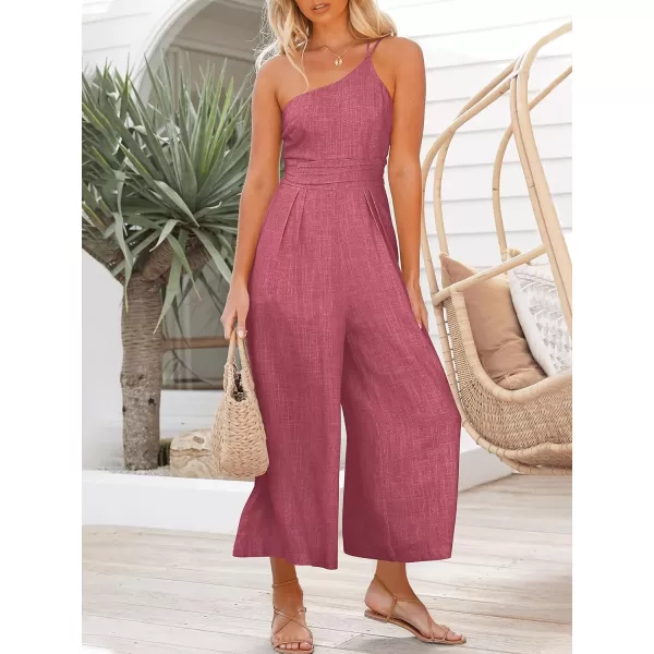 imageANRABESS Womens Summer Straps One Shoulder High Waist Casual Wide Leg Linen Jumpsuit Romper with PocketsRose