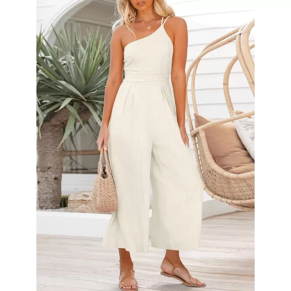imageANRABESS Womens Summer Straps One Shoulder High Waist Casual Wide Leg Linen Jumpsuit Romper with PocketsWhite