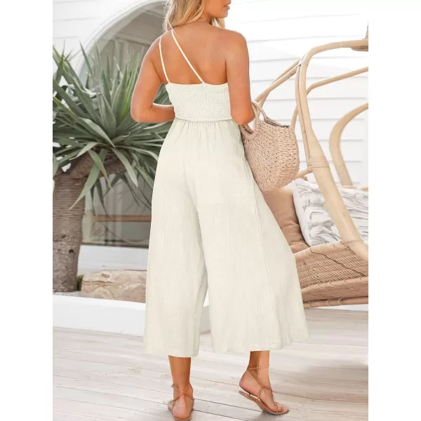 imageANRABESS Womens Summer Straps One Shoulder High Waist Casual Wide Leg Linen Jumpsuit Romper with PocketsWhite