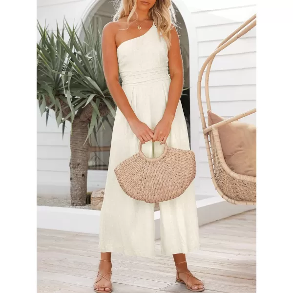imageANRABESS Womens Summer Straps One Shoulder High Waist Casual Wide Leg Linen Jumpsuit Romper with PocketsWhite